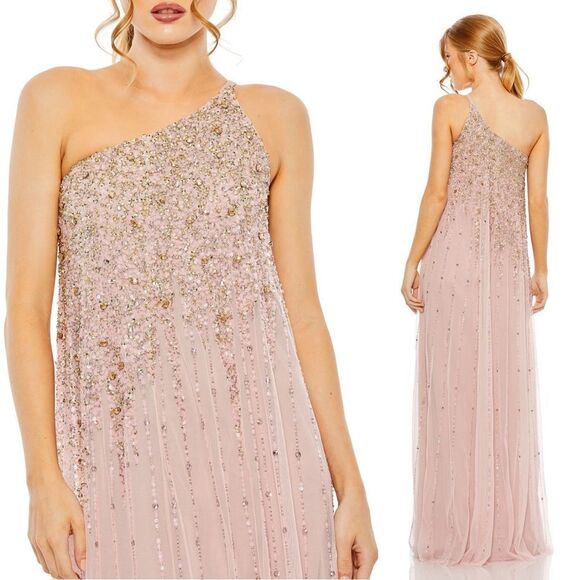 Mac Duggal 9224 Size 4 One Shoulder Embellished Trapeze A-Line Gown Tan/Blush